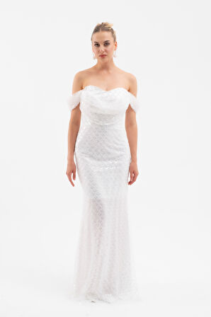 Kadın Beyaz Madonna Yaka Boncuklu Uzun Abiye Elbise