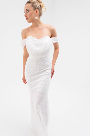 Kadın Beyaz Madonna Yaka Boncuklu Uzun Abiye Elbise