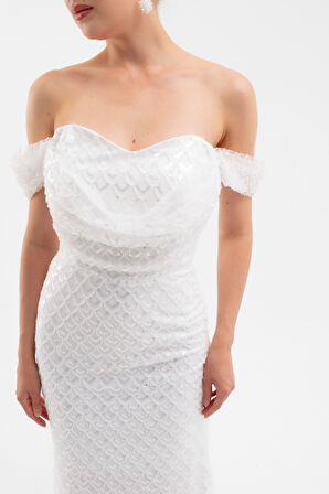 Kadın Beyaz Madonna Yaka Boncuklu Uzun Abiye Elbise