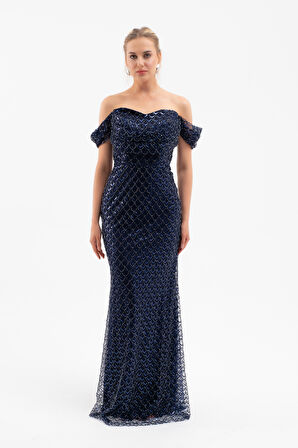 Kadın Lacivert Madonna Yaka Boncuklu Uzun Abiye Elbise