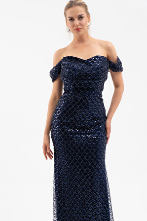 Kadın Lacivert Madonna Yaka Boncuklu Uzun Abiye Elbise