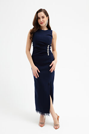 Kadın Lacivert Otrişli Söz Nişan Nikah Abiye Elbise