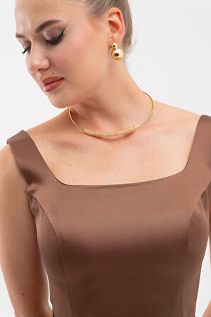 Kadın Kahverengi Kare Yaka Kemerli Midi Söz Nişan Elbisesi