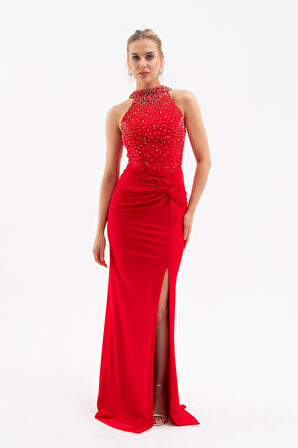 Kadın Kırmızı Halter Yaka Taşlı Uzun Abiye Elbise
