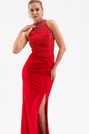 Kadın Kırmızı Halter Yaka Taşlı Uzun Abiye Elbise