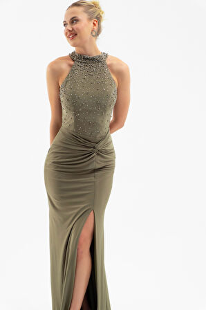 Kadın Haki Halter Yaka Taşlı Uzun Abiye Elbise