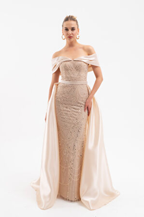 Kadın Bej Kayık Yaka Kuyruklu Uzun Abiye Elbise