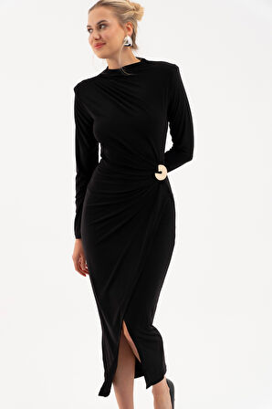 Kadın Siyah Aksesuar Detay Midi Elbise