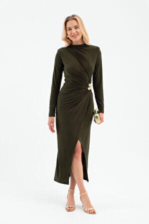 Kadın Haki Aksesuar Detay Midi Elbise