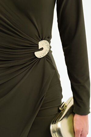 Kadın Haki Aksesuar Detay Midi Elbise