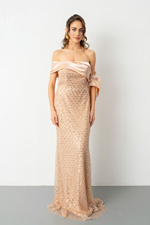 Kadın Gold Yaka Detay Boncuklu Uzun Abiye Elbise