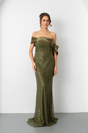 Kadın Haki Yaka Detay Boncuklu Uzun Abiye Elbise