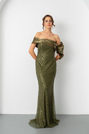 Kadın Haki Yaka Detay Boncuklu Uzun Abiye Elbise