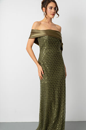 Kadın Haki Yaka Detay Boncuklu Uzun Abiye Elbise