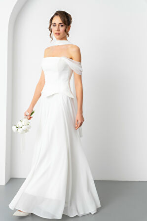 Kadın Beyaz Şal Yaka Straplez Söz Nişan Abiye Elbise