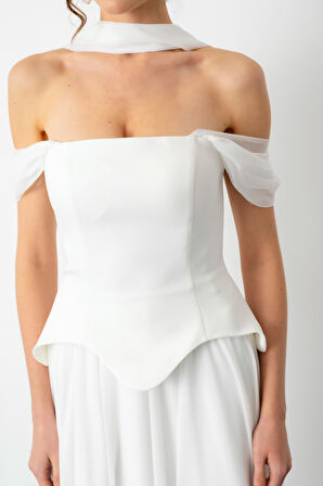 Kadın Beyaz Şal Yaka Straplez Söz Nişan Abiye Elbise