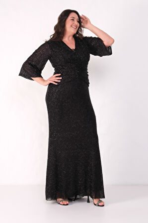 Kadın Siyah V Yaka Boncuklu Büyük Beden Abiye Elbise