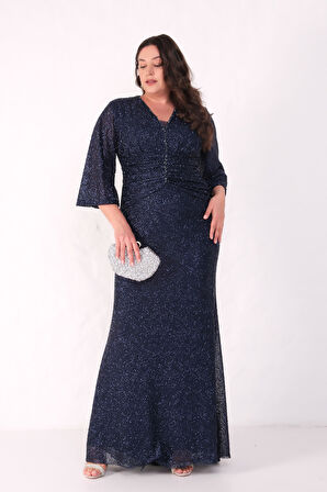 Kadın Lacivert V Yaka Boncuklu Büyük Beden Abiye Elbise