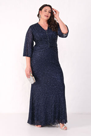 Kadın Lacivert V Yaka Boncuklu Büyük Beden Abiye Elbise