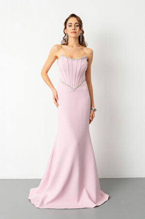 Kadın Pudra Straplez Taşlı Peplum Kesim Söz Nişan Nikah Abiye Elbise