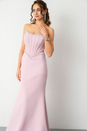 Kadın Pudra Straplez Taşlı Peplum Kesim Söz Nişan Nikah Abiye Elbise