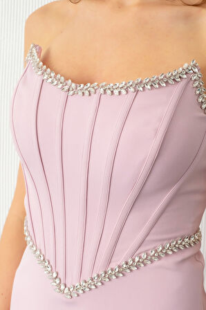 Kadın Pudra Straplez Taşlı Peplum Kesim Söz Nişan Nikah Abiye Elbise