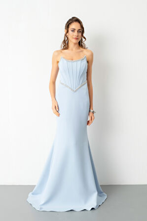 Kadın Bebe Mavi Straplez Taşlı Peplum Kesim Söz Nişan Nikah Abiye Elbise