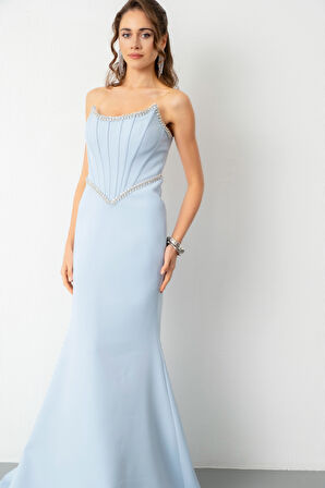 Kadın Bebe Mavi Straplez Taşlı Peplum Kesim Söz Nişan Nikah Abiye Elbise