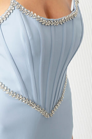 Kadın Bebe Mavi Straplez Taşlı Peplum Kesim Söz Nişan Nikah Abiye Elbise