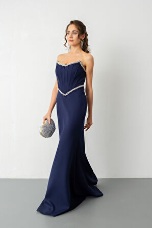 Kadın Lacivert Straplez Taşlı Peplum Kesim Söz Nişan Nikah Abiye Elbise