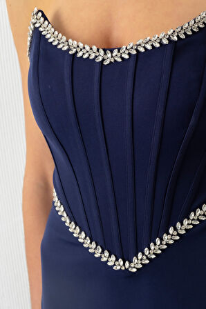Kadın Lacivert Straplez Taşlı Peplum Kesim Söz Nişan Nikah Abiye Elbise