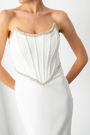Kadın Beyaz Straplez Taşlı Peplum Kesim Söz Nişan Nikah Abiye Elbise