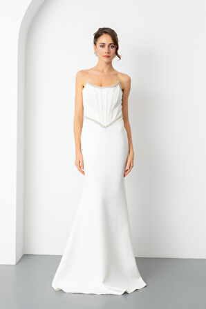 Kadın Beyaz Straplez Taşlı Peplum Kesim Söz Nişan Nikah Abiye Elbise