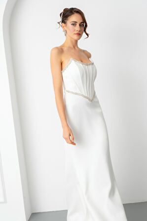 Kadın Beyaz Straplez Taşlı Peplum Kesim Söz Nişan Nikah Abiye Elbise