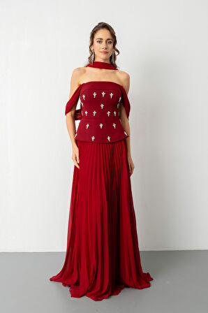 Kadın Bordo Straplez Yaka Taşlı Uzun Söz Nişan Nikah Abiye Elbise