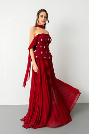 Kadın Bordo Straplez Yaka Taşlı Uzun Söz Nişan Nikah Abiye Elbise