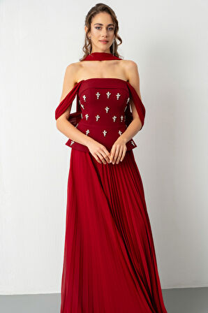 Kadın Bordo Straplez Yaka Taşlı Uzun Söz Nişan Nikah Abiye Elbise