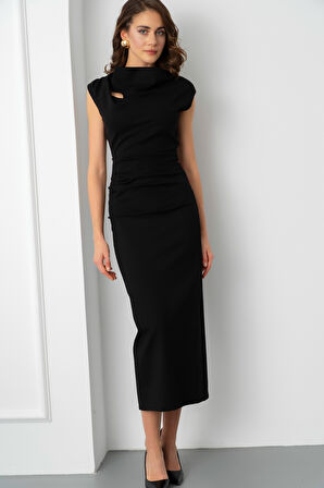 Kadın Siyah Yaka Detay Midi Davet Elbisesi