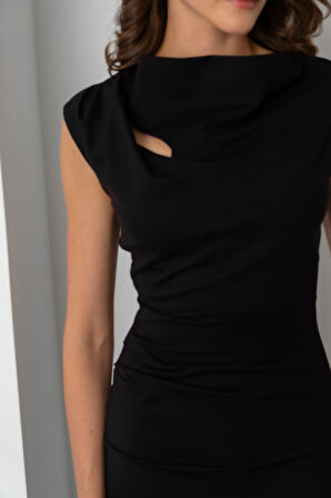 Kadın Siyah Yaka Detay Midi Davet Elbisesi