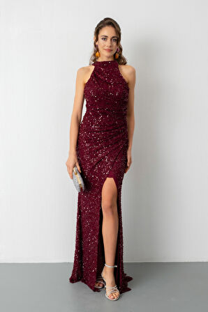 Kadın Mürdüm Pul İşlemeli Balık Abiye Elbise