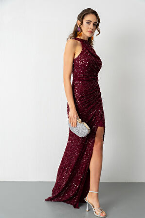 Kadın Mürdüm Pul İşlemeli Balık Abiye Elbise