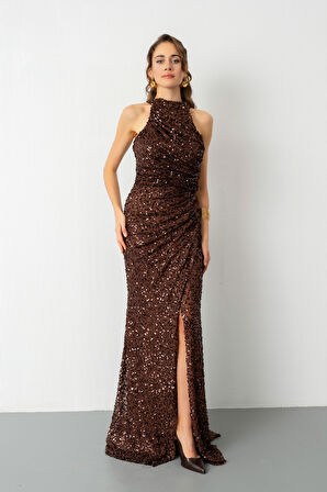 Kadın Kahverengi Pul İşlemeli Balık Abiye Elbise