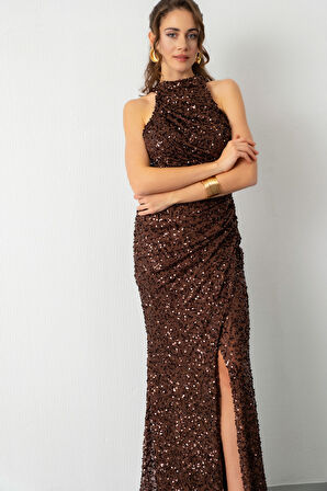 Kadın Kahverengi Pul İşlemeli Balık Abiye Elbise