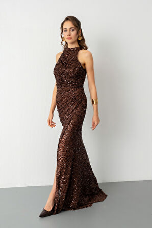 Kadın Kahverengi Pul İşlemeli Balık Abiye Elbise