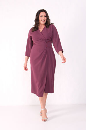 Kadın Mürdüm Kruvaze Yaka Boncuk İşlemeli Büyük Beden Midi Elbise