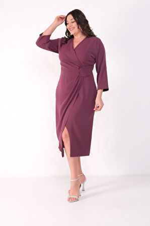 Kadın Mürdüm Kruvaze Yaka Boncuk İşlemeli Büyük Beden Midi Elbise