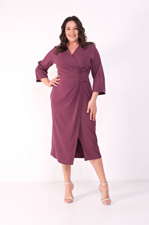 Kadın Mürdüm Kruvaze Yaka Boncuk İşlemeli Büyük Beden Midi Elbise