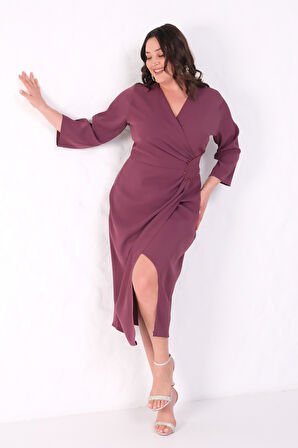 Kadın Mürdüm Kruvaze Yaka Boncuk İşlemeli Büyük Beden Midi Elbise