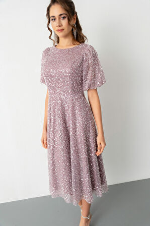 Kadın Pudra Balon Kol Pul Payet Midi Abiye Elbise