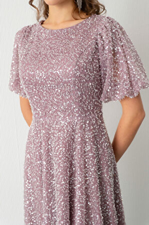 Kadın Pudra Balon Kol Pul Payet Midi Abiye Elbise